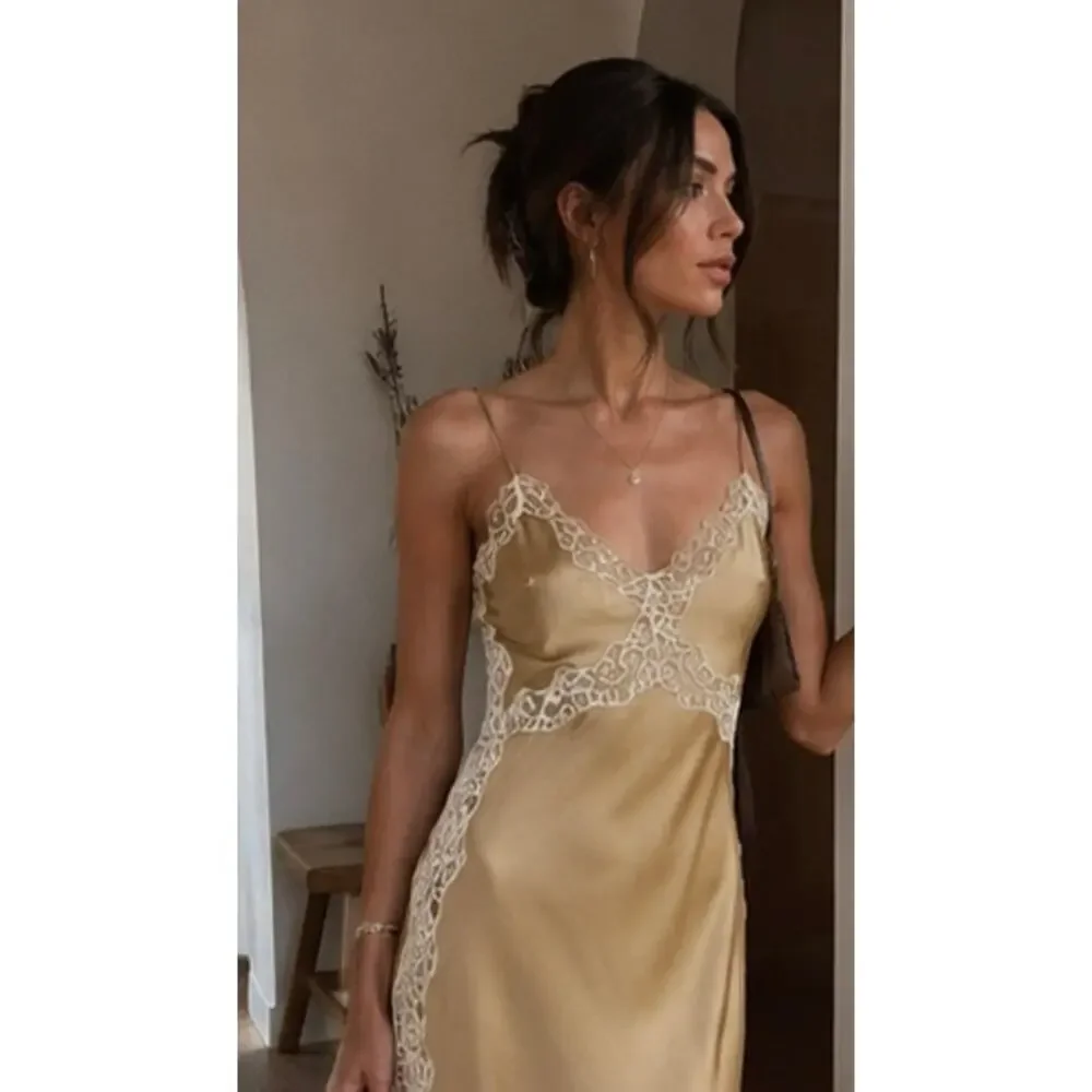 Reformation Ericka Silk Lace Slip Maxi Dress Riesling Gold Champagne US4 - Picture 3 of 8